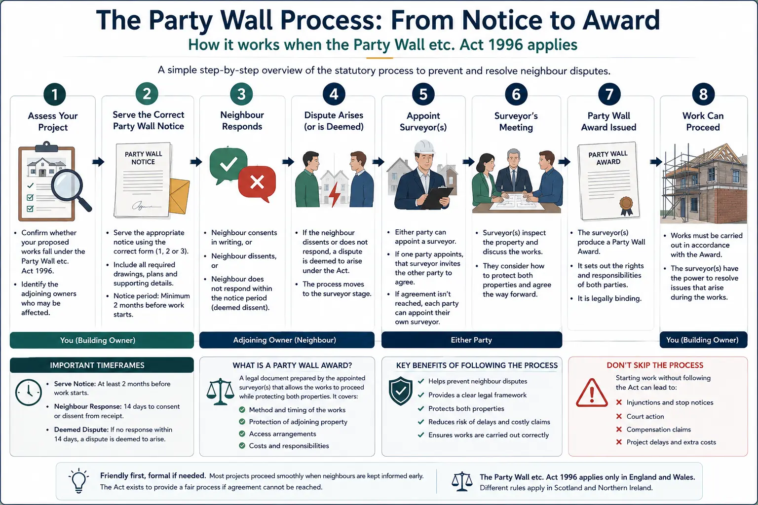 Do I Need a Party Wall Agreement? An infographic showing the party wall process from notice to award in a very interactive way for the citizens living in Slough, UK