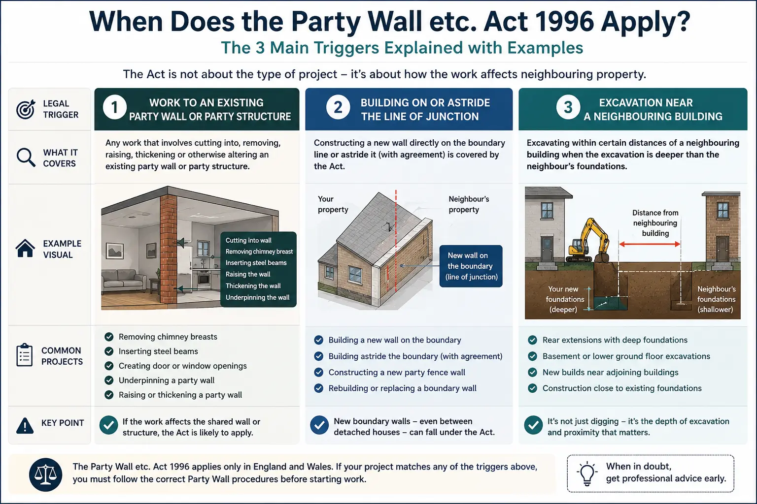 Do I Need a Party Wall Agreement? An infographic showing when does the party wall etc act 1996 apply like excavation, junction, painting, in Slough, UK